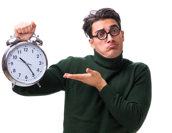 Nerd joven dinero con reloj gigante aislado en blanco — Foto de Stock