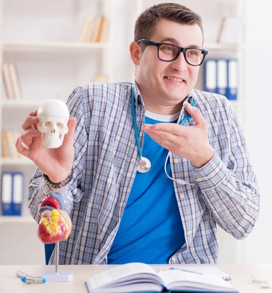 Estudiante de medicina estudiando esqueleto en el aula durante la conferencia — Foto de Stock