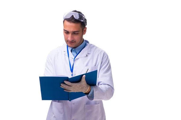 Ung manlig läkare med anteckningar isolerade på vitt — Stockfoto