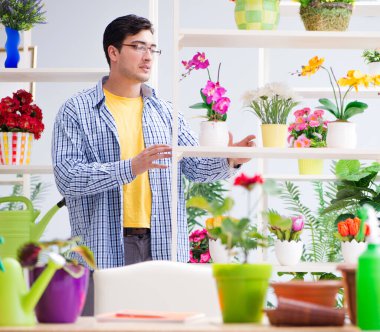 Bahçıvan çiçekçide çalışıyor. Çiçekçide çalışıyor.