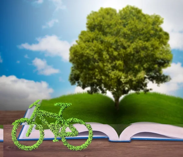 Libro abierto y bicicleta en concepto ecológico - 3d rendering — Foto de Stock
