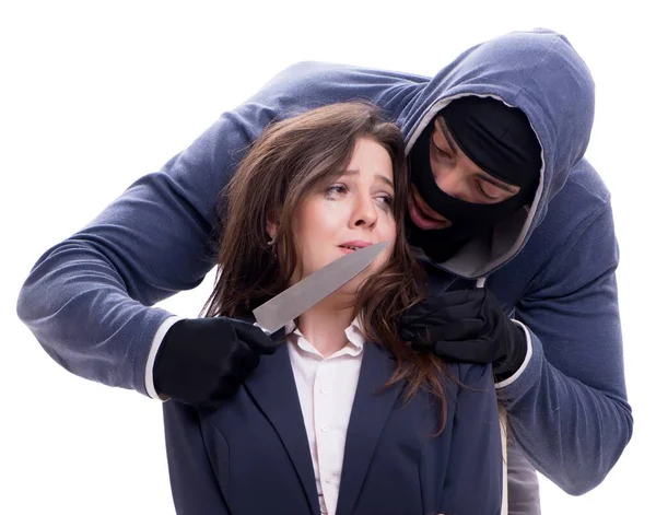 Gunman forçando uma mulher isolada no branco — Fotografia de Stock