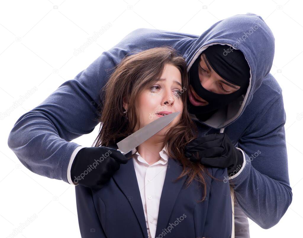 Gunman forcing a woman isolated on white