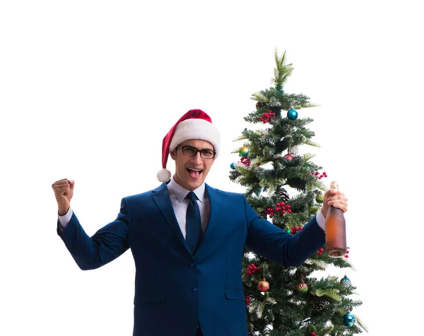 Empresario decorando árbol de navidad aislado en blanco —  Fotos de Stock