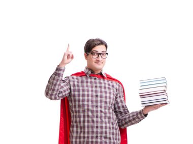 Kitapları beyaza ayrılmış süper kahraman öğrenci.