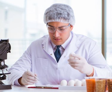 Besin uzmanı gıda ürünlerini laboratuarda test ediyor.