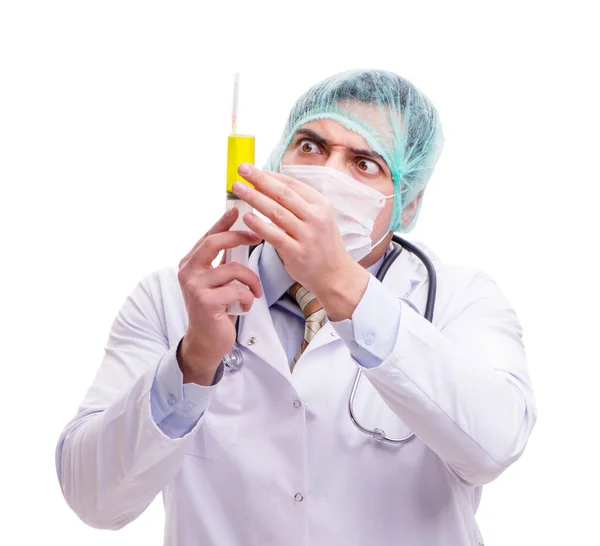 Funny doctor with syringe isolated on white — Stock Photo, Image