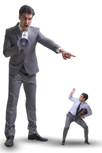 Mau chefe irritado gritando com empregado com alto-falante — Fotografia de Stock