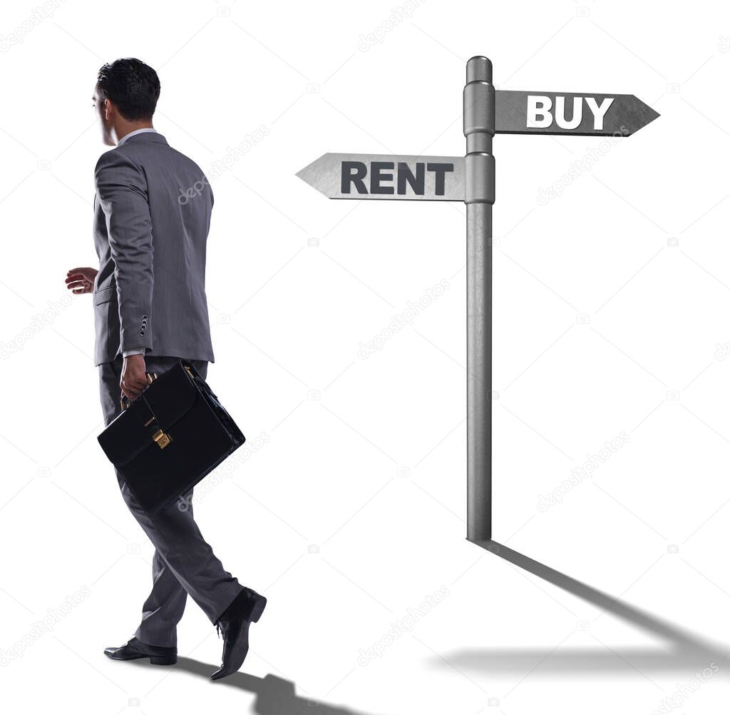 Businessman at crossroads betweem buying and renting on white