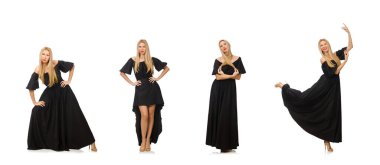 Uzun boylu, siyah elbiseli, beyaz tenli bir kadın.