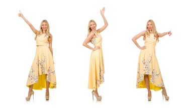 Whit 'in üzerinde çiçek izleri olan çekici elbiseli sarışın kız.