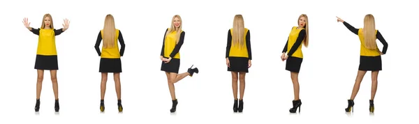 Blont hår flicka i gult och svart kläder isolerad på vitt — Stockfoto