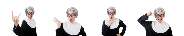 Комическая монахиня, изолированная на белом — стоковое фото