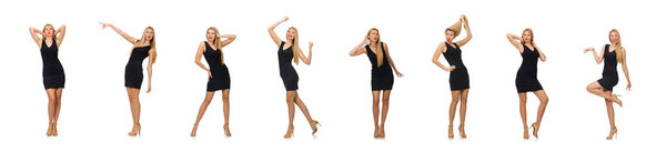 Молодая красивая женщина в черном мини платье изолированы на белом