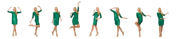 Blond vlasy dívka v jiskřivé zelené šaty izolované na bílém — Stock fotografie