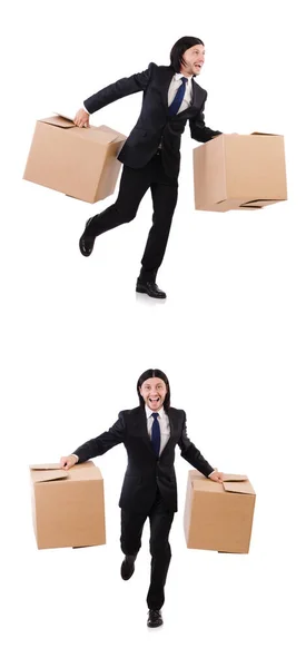 Funny man with boxes on white — Stock Photo, Image