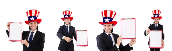 Uomo d'affari che indossa cappello USA con carta su bianco — Foto Stock