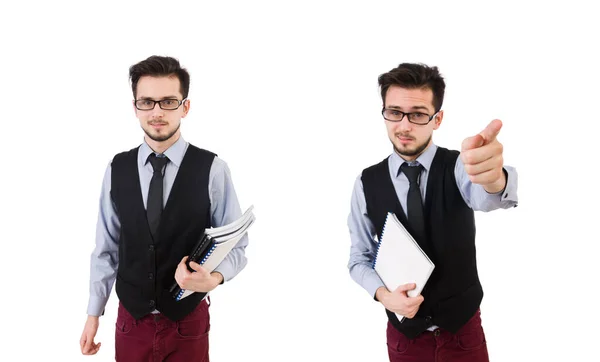 Funcionário de escritório segurando papel isolado em branco — Fotografia de Stock