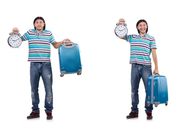 Junger Mann mit Koffer isoliert auf weißem Grund — Stockfoto