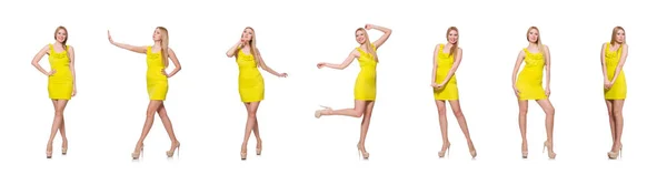 Pěkná vysoká žena v krátkých žlutých šatech izolovaných na bílém — Stock fotografie