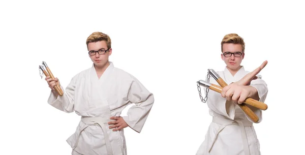 Divertido luchador de karate con nunchucks en blanco — Foto de Stock