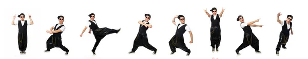 Beyazlar içinde dans eden komik genç adam — Stok fotoğraf