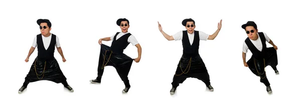 Beyazlar içinde dans eden komik genç adam — Stok fotoğraf