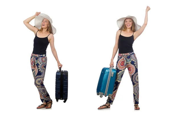 Vrouw klaar voor zomer reizen geïsoleerd op wit — Stockfoto