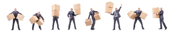 Бізнесмен з коробкою ізольовані на білому — стокове фото