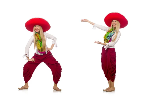 Mexican girl with sombrero dancing on white — Stock Photo, Image