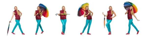 Young woman with colourful umbrella isolated on white — Stock Photo, Image