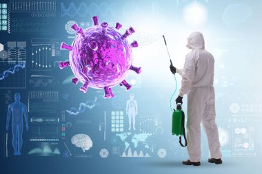 Koronavirüsle savaşan kişinin dezenfeksiyon konsepti