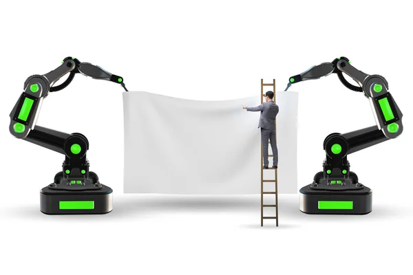 Uomini d'affari e poster in bianco sostenuti da bracci robotici — Foto Stock