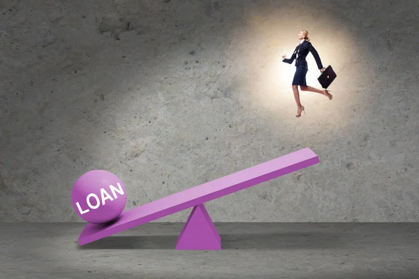 Debt and loan concept with businesswoman and seesaw — Stock Photo, Image