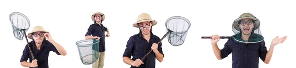 Funny guy with catching net on white — Stock Photo, Image