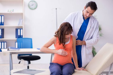 Hamile kadın, erkek doktor jinekoloğu ziyaret ediyor.