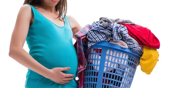 Mujer sosteniendo cesta de ropa sucia que requiere lavado —  Fotos de Stock