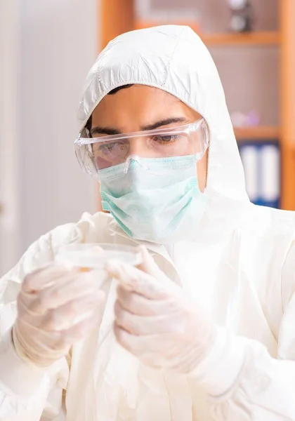 Joven bioquímico con traje protector trabajando en el laboratorio —  Fotos de Stock