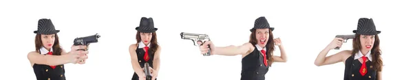 Giovane donna gangster con pistola su bianco — Foto Stock