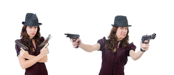 Mujer joven gangster con arma de fuego en blanco — Foto de Stock