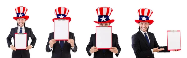 Affärsman bär USA hatt med papper på vit — Stockfoto