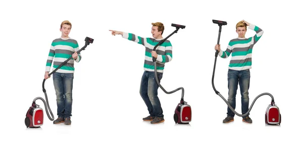 Funny man with vacuum cleaner on white — Stock Photo, Image