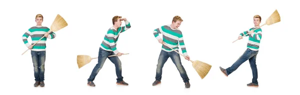 Vtipný muž s mop izolované na bílém — Stock fotografie