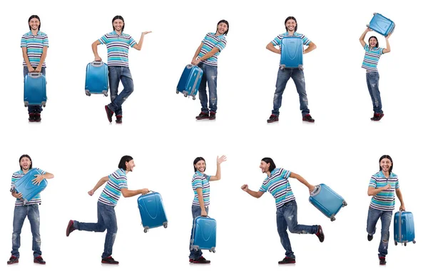 Young man travelling with suitcases isolated on white — Stock Photo, Image