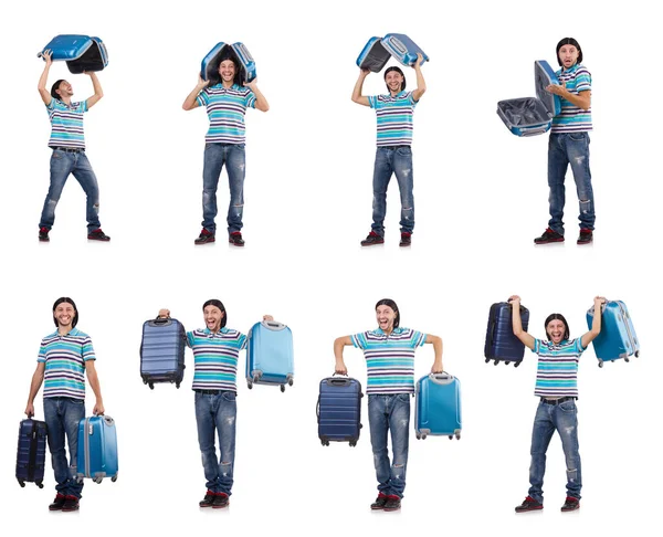 Young man with suitcase isolated on white — Stock Photo, Image