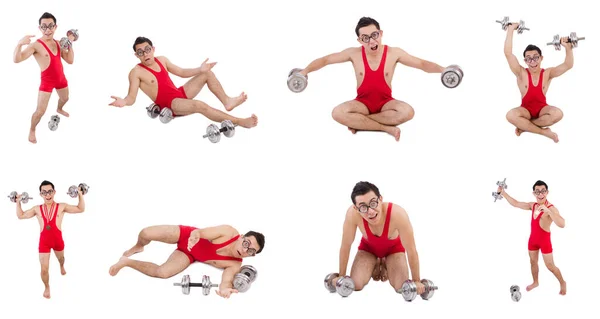 Funny guy exercising with dumbbells on white — Stock Photo, Image