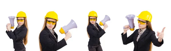 Female construction worker with loudspeaker isolated on white — Stock Photo, Image