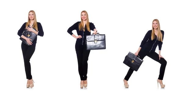 Tall young woman in black clothing with handbag isolated on whit — Stock Fotó