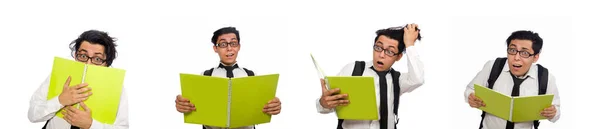 Estudante masculino segurando notas isoladas em branco — Fotografia de Stock