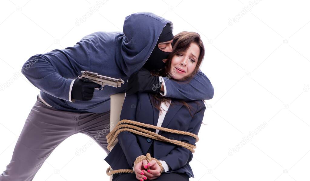 Kidnapper with tied woman isolated on white